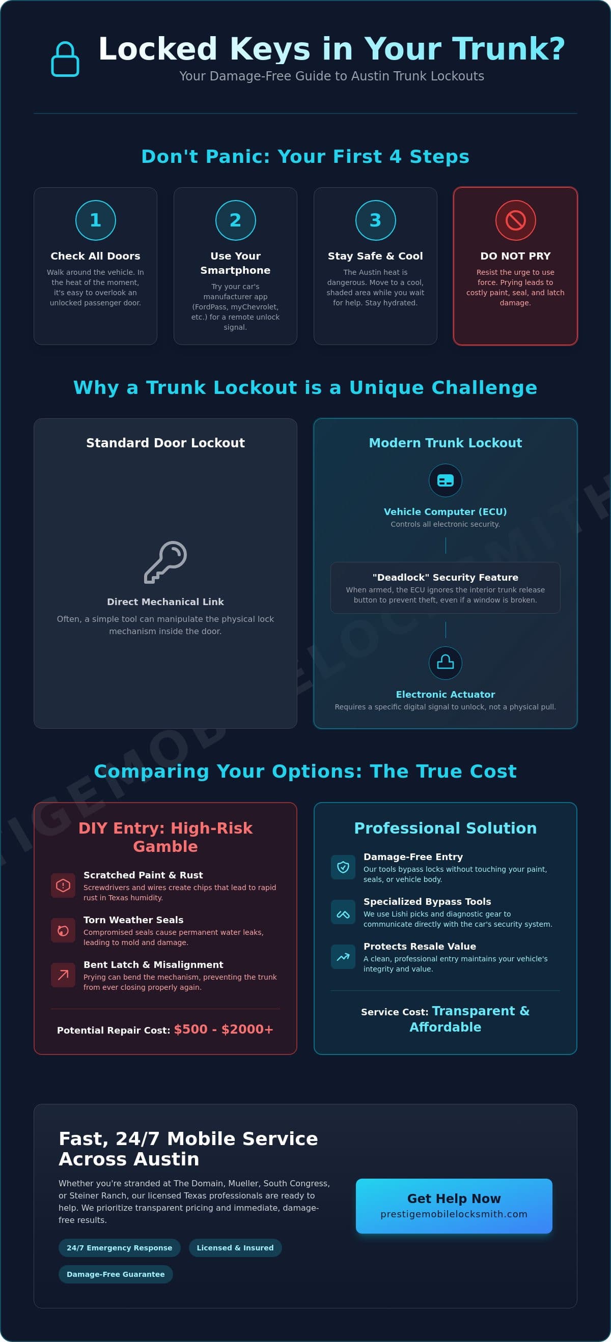 Locked Keys in Trunk in Austin? 24/7 Damage-Free Mobile Help (2026) infographic